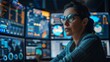 © James - Female Senior Data Scientist Reviewing Reports Of Risk Management Department On Big Digital Screen In Monitoring Room. Diverse Consulting Company Employees Working Behind Desktop, Generative AI