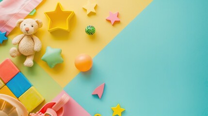 Sticker - Variety of kids toys on colorful backdrop with space for text minimalistic baby theme