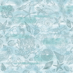 Wall Mural - Sea creatures on a blue watercolor background. Abstract seamless pattern on the marine theme. Vector. Perfect for design templates, wallpaper, wrapping, fabric, print and textile.