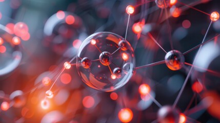 Wall Mural - Abstract depiction of interconnected molecules with glowing red spheres on a dark background.