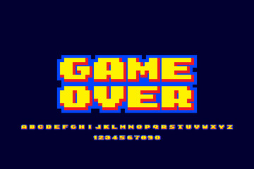 pixel retro game over, play and score illustration, 3d alphabet.