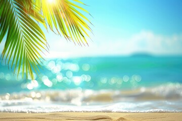 Wall Mural - tropical beach with palm leaf sun light and vacation concept.