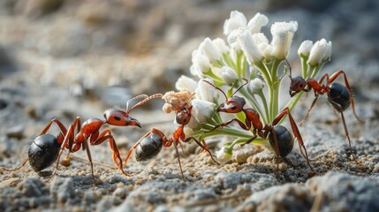 Wall Mural - Ants working together to transport a large piece of food across the ground.