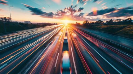 Poster - Cars driving on a highway at sunset, with streaks of headlights and taillights creating a dynamic scene.