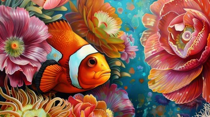 Poster - Close-up of a clownfish peeking out from a sea anemone, its vibrant colors contrasting with the floral backdrop.
