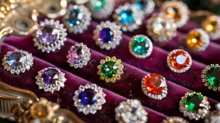 Poster - Close-up of a collection of colorful gemstone earrings displayed on a velvet tray.