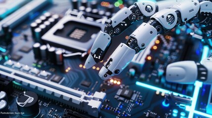 Aufkleber - Circuit board with microchips and robot arm at factory for production of chips or motherboards in blue tones background.