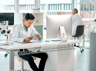 Poster - Man, scientist and tablet for review, analysis and medical research in laboratory as employee or staff. Male person, doctor and tech with results, feedback or pathology for science or breakthrough