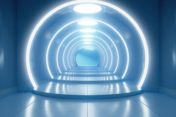 Sticker - Futuristic Glowing Blue Tunnel with Illuminated Geometric Arches in Pastel Light