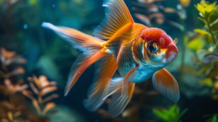 Poster - Close-up of a goldfish with long flowing fins and a distinctive color pattern, captured underwater.