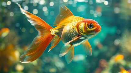 Poster - Close-up of a goldfish with long flowing fins and a distinctive color pattern, captured underwater.