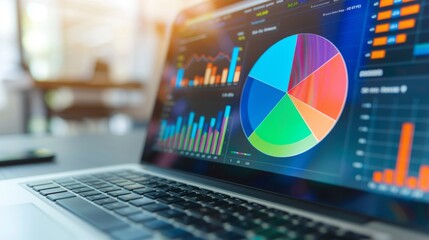 Poster - Close-up of a laptop screen displaying a colorful pie chart with financial data.