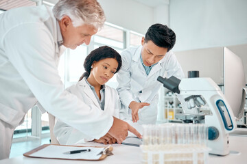 Aufkleber - research, science and teamwork with people in laboratory together for innovation or investigation. d