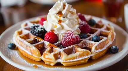 Poster - Close-up of a plate of Belgian waffles topped with whipped cream, berries, and maple syrup.
