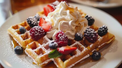 Poster - Close-up of a plate of Belgian waffles topped with whipped cream, berries, and maple syrup.