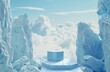 © Psykromia - Blue Ice Podium Amidst Icy Landscape with Cloudy Sky Background