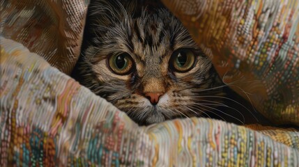 Poster - Close-up of a pudgy cat's face peeking out from behind a cushion.