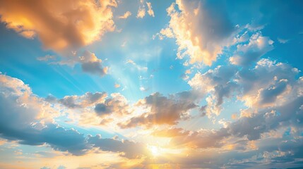 Canvas Print - The sky is blue with a few clouds and the sun is shining brightly. The clouds are scattered throughout the sky, with some closer to the top and others lower down. The sun is shining brightly