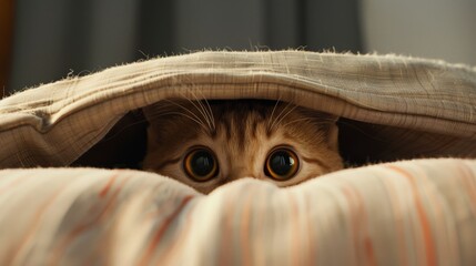 Poster - Close-up of a pudgy cat's face peeking out from behind a cushion.