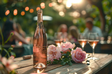 Wall Mural - Bottle of pink wine with glasses on background of holiday garden party, wedding or Valentine.