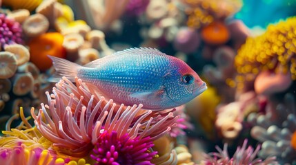 Poster - Close-up of a sea bream swimming among colorful sea anemones and coral polyps.