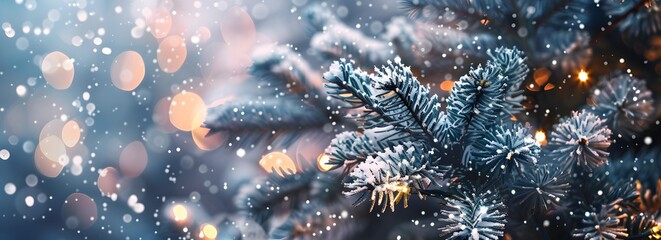 Poster - Frosty winter background with snow-covered pine tree and glowing lights. Christmas card banner design, copy space for text, bokeh effect