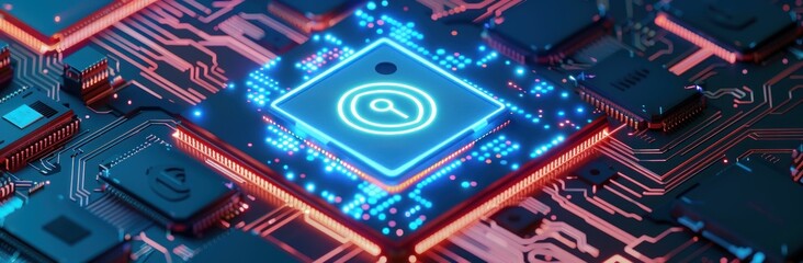 Poster - Glowing blue circuit board with magnifying glass symbol