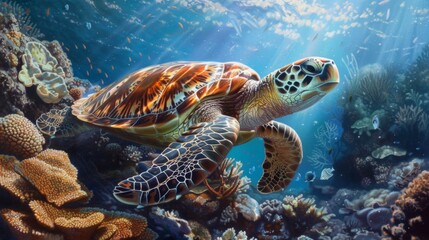 Poster - Close-up of a sea turtle gracefully swimming among coral formations in the ocean.