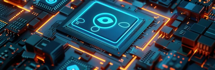 Poster - Futuristic glowing blue eye circuit board technology background