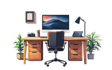 Wall Mural - A wooden desk with a black office chair, plants, and a computer displaying a mountain landscape