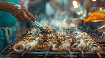 Wall Mural - Close-up of a seafood vendor grilling squid on a street food stall, with customers waiting in line.