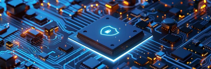 Poster - Glowing Blue Circuit Board with Futuristic Security Shield
