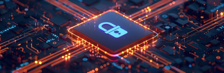 Poster - Glowing Blue Padlock on Futuristic Circuit Board with Glowing Orange Pathways