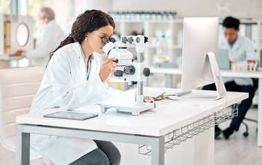 Aufkleber - science, woman and scientist with microscope in laboratory for observation, research and biology exp