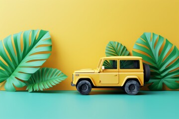 Sticker - Yellow jeep illustration with lush green tropical leaves against a bright yellow background depicting an adventurous summer vibe