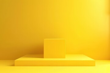 Sticker - 3D Render of Yellow Empty Cube Podium in Minimalist Room with Bright Lighting