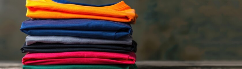 Wall Mural - A stack of colorful shirts on a wooden surface. The shirts are piled on top of each other, creating a colorful and vibrant display. The arrangement of the shirts suggests a sense of organization