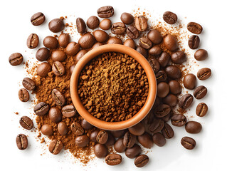 Heap of ground coffee and beans on white background, top view