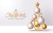 © AmazeinDesign - Christmas elegant balls vector design. Merry christmas greeting text with hanging gold and silver xmas balls, deer, snowflakes and star decoration ornaments in elegant background. Vector illustration