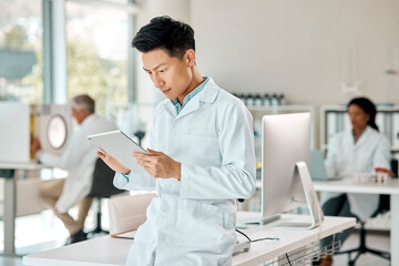 Poster - Scientist, man and online with tablet in laboratory for monitor experiment, science analysis and medical research for study. Technology, internet and digital for trial results, breakthrough and cure.