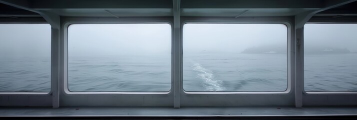 Ferry deck scene with calm sea reflecting cloudy sky. Gray concrete ship deck contrasts with natural surroundings. Small island visible in distance. Perfect for travel agency and tour promotions.