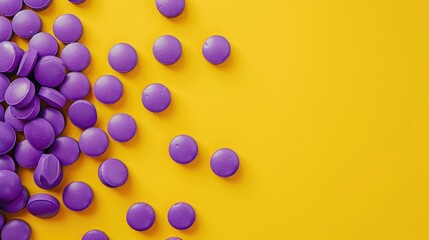 Poster - Female health concept Purple pills supplement on yellow background for beauty blog