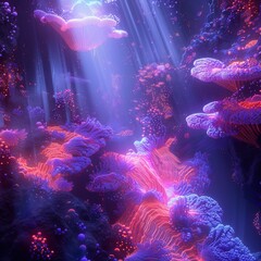 Wall Mural - A 3D underwater scene with abstract bioluminescent coral formations