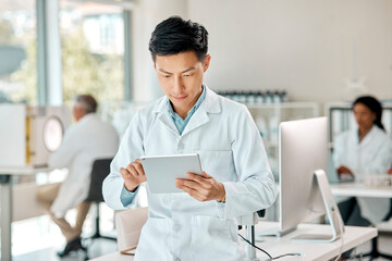 Poster - Science, man and internet with tablet in laboratory to monitor experiment, scientific analysis and medical research for study. Technology, online and digital for trial results, breakthrough and cure