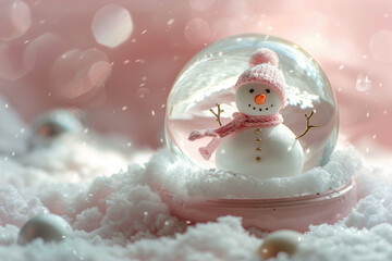 Wall Mural - Snow ball with snowman on blurred pastel pink background. Festive Xmas banner with snow globe. New year concept for greeting card with copy space.