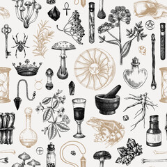 witchraft seamless pattern. bohemian background. magic ingredients and floral elements. antique apot