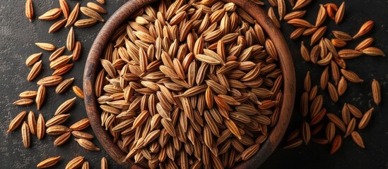 Sticker - Caraway Seeds in a Wooden Bowl on Dark Background