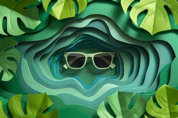 Sticker - Green and lush tropical foliage paper cut illustration with sunglasses hidden among the leaves