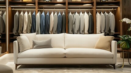 White sofa amidst an array of hanging men's suit jackets in a luxurious setting