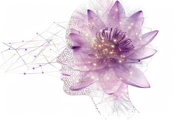 Aufkleber - Abstract digital art blending a woman's face with a flower, symbolizing the fusion of technology and nature in a modern, futuristic aesthetic